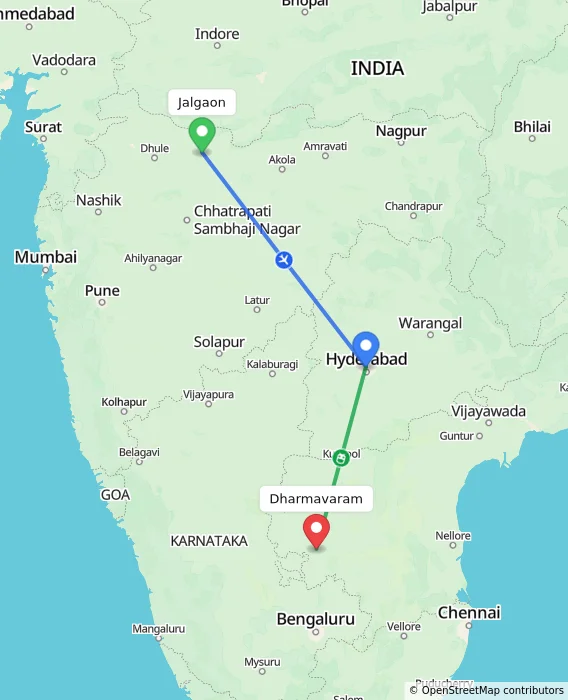 Route map showing distance and travel time from Jalgaon, India to Dharmavaram, India