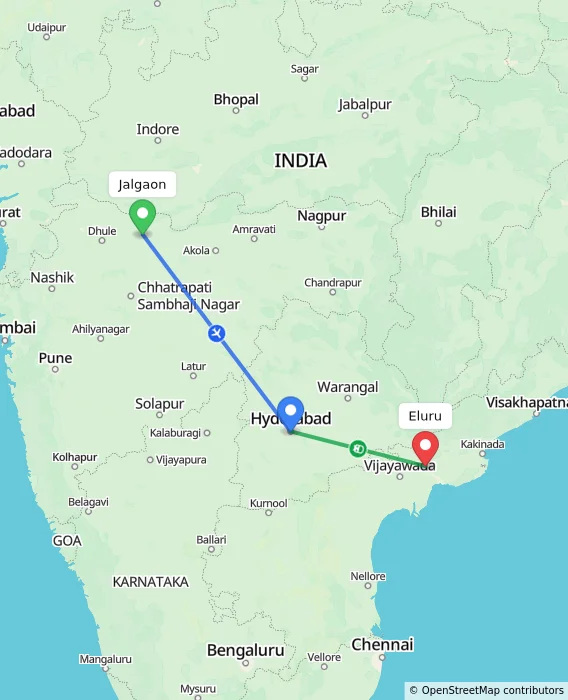 Route map showing distance and travel time from Jalgaon, India to Eluru, India