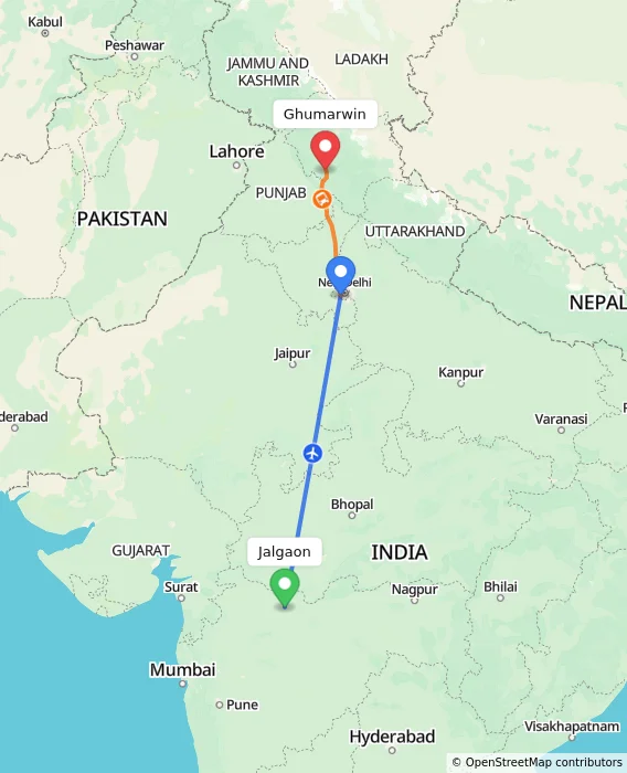 Route map showing distance and travel time from Jalgaon, India to Ghumarwin, India