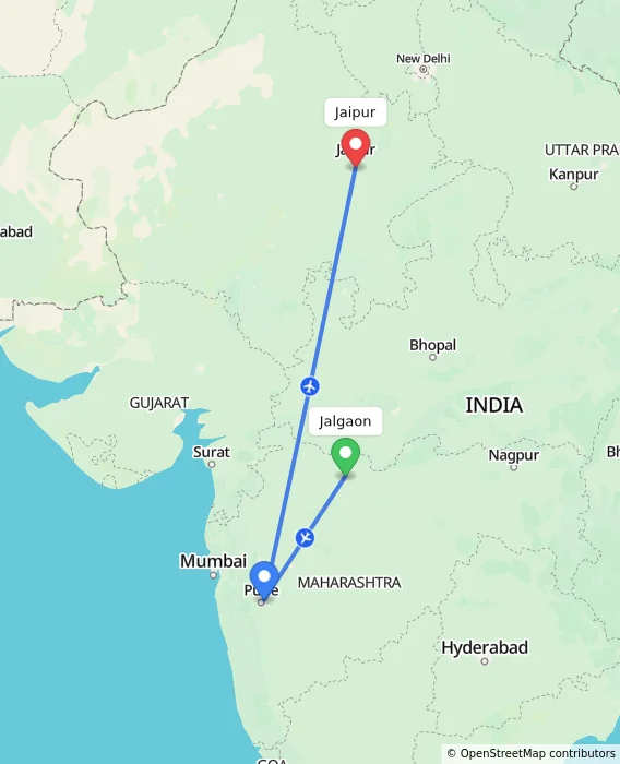 Route map showing distance and travel time from Jalgaon, India to Jaipur, India