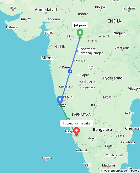 Route map showing distance and travel time from Jalgaon, India to Puttur, Karnataka, India
