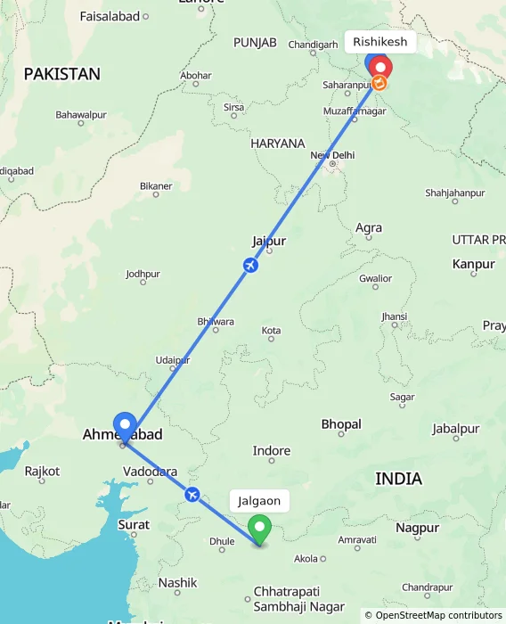 Route map showing distance and travel time from Jalgaon, India to Rishikesh, India