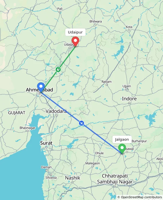 Route map showing distance and travel time from Jalgaon, India to Udaipur, India