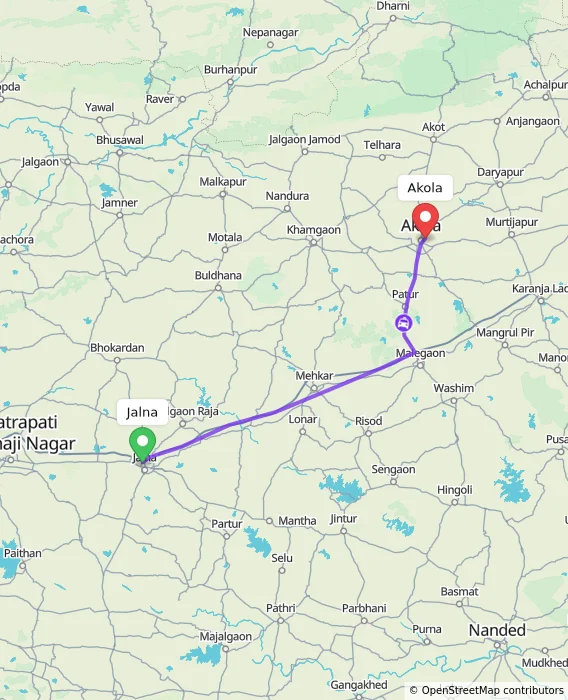 Route map showing distance and travel time from Jalna, India to Akola, India