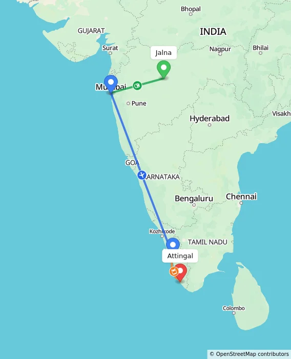 Route map showing distance and travel time from Jalna, India to Attingal, India
