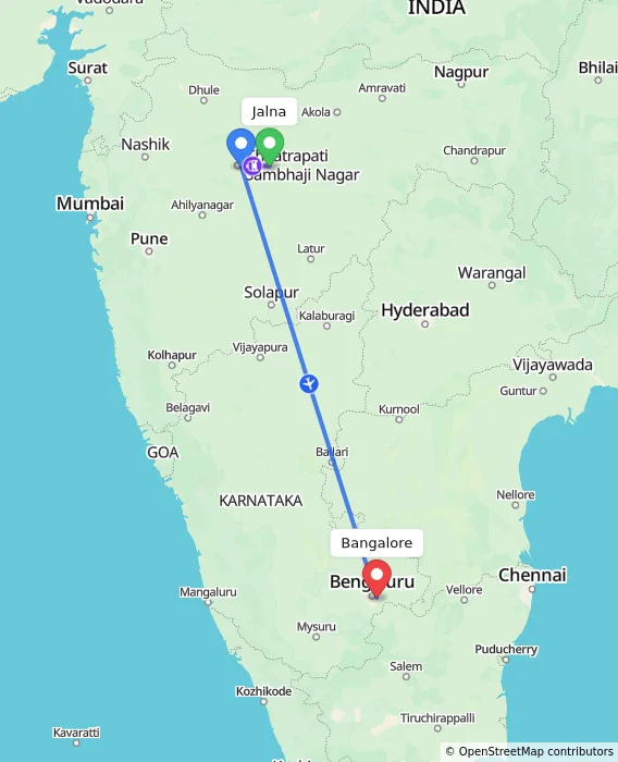 Route map showing distance and travel time from Jalna, India to Bangalore, India
