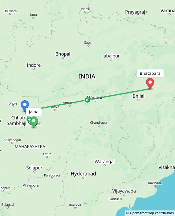 Route map showing distance and travel time from Jalna, India to Bhatapara, India