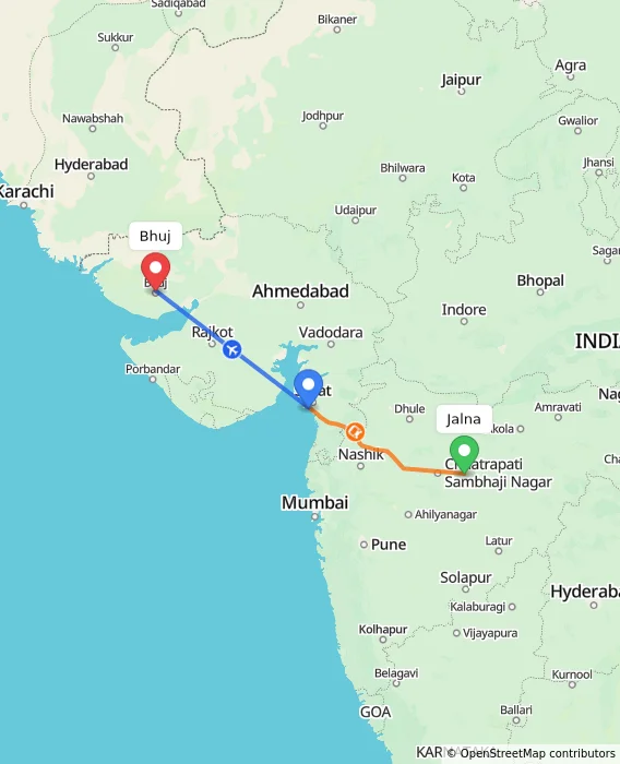 Route map showing distance and travel time from Jalna, India to Bhuj, India