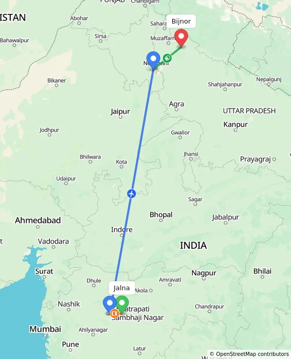 Route map showing distance and travel time from Jalna, India to Bijnor, India