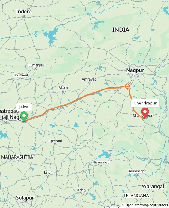 Route map showing distance and travel time from Jalna, India to Chandrapur, India