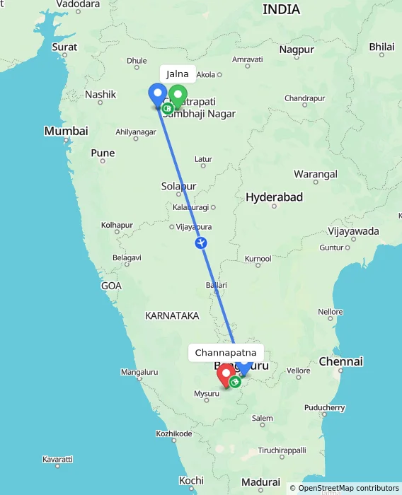 Route map showing distance and travel time from Jalna, India to Channapatna, India