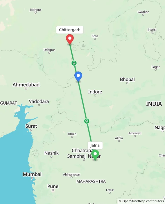 Route map showing distance and travel time from Jalna, India to Chittorgarh, India