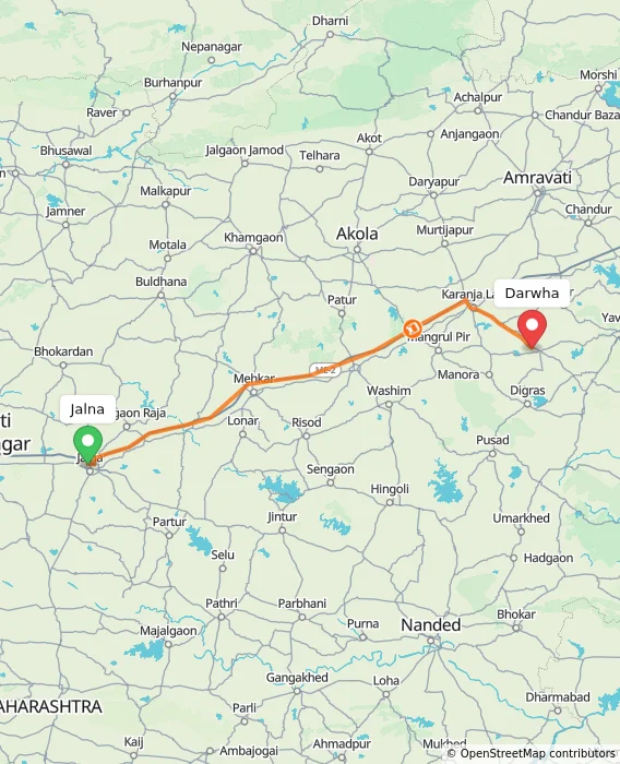 Route map showing distance and travel time from Jalna, India to Darwha, India