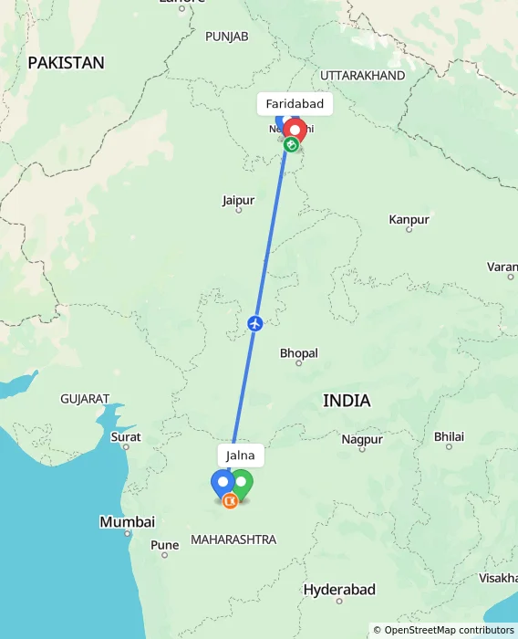 Route map showing distance and travel time from Jalna, India to Faridabad, India