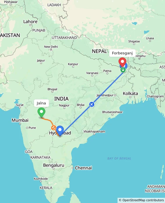 Route map showing distance and travel time from Jalna, India to Forbesganj, India