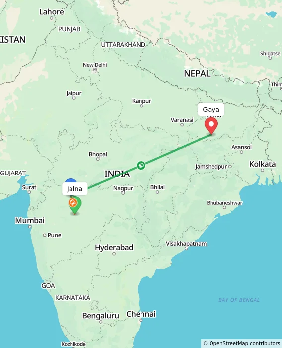 Route map showing distance and travel time from Jalna, India to Gaya, India