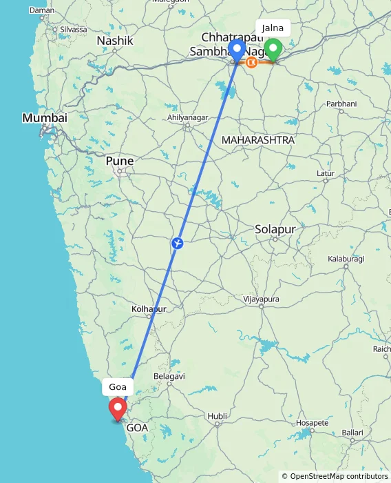 Route map showing distance and travel time from Jalna, India to Goa, India