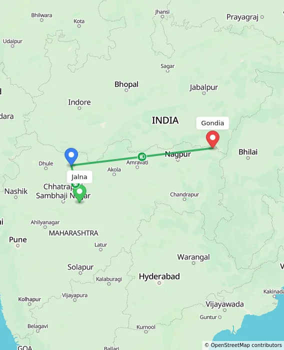 Route map showing distance and travel time from Jalna, India to Gondia, India