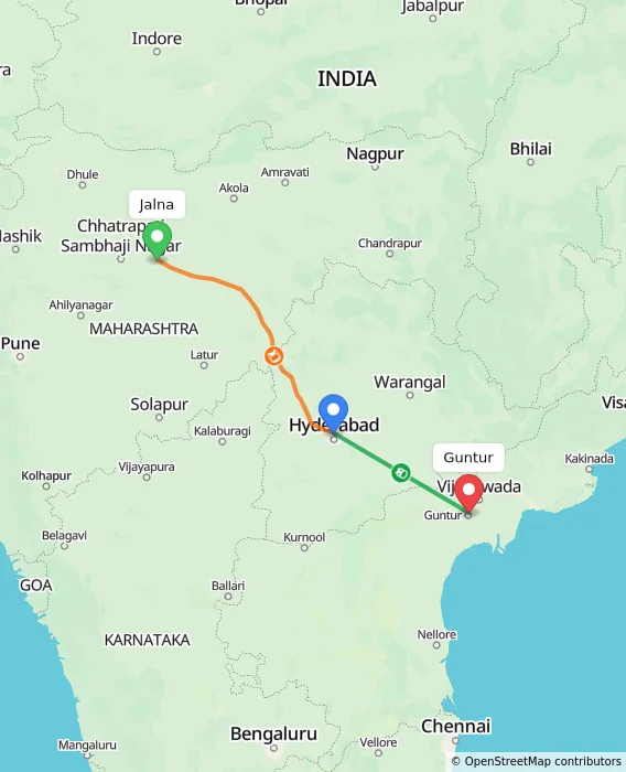 Route map showing distance and travel time from Jalna, India to Guntur, India