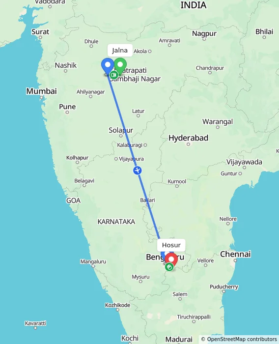 Route map showing distance and travel time from Jalna, India to Hosur, India
