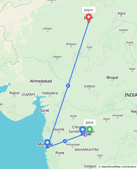 Route map showing distance and travel time from Jalna, India to Jaipur, India