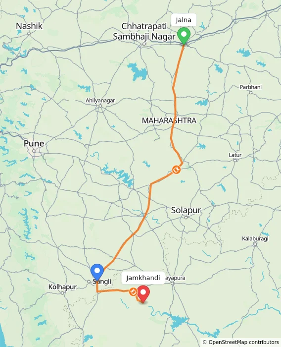 Route map showing distance and travel time from Jalna, India to Jamkhandi, India