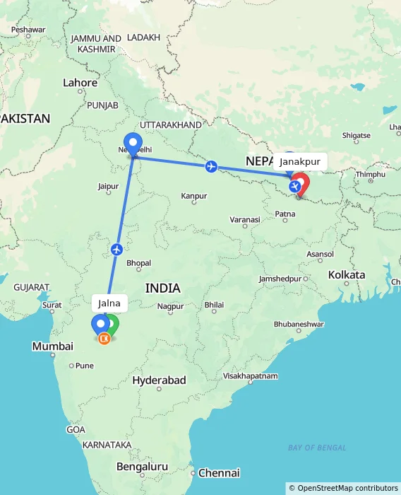 Route map showing distance and travel time from Jalna, India to Janakpur, Nepal