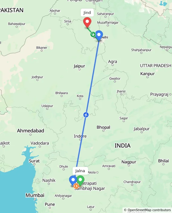Route map showing distance and travel time from Jalna, India to Jind, India