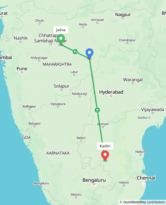 Route map showing distance and travel time from Jalna, India to Kadiri, India