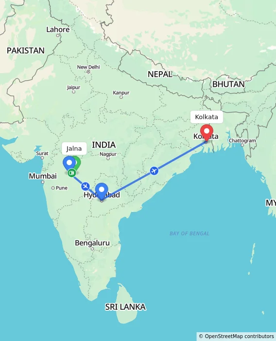 Route map showing distance and travel time from Jalna, India to Kolkata, India