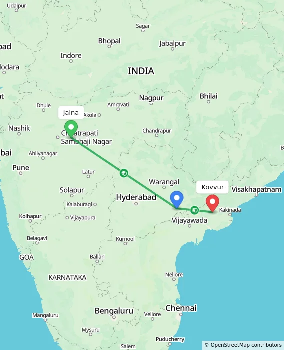 Route map showing distance and travel time from Jalna, India to Kovvur, India