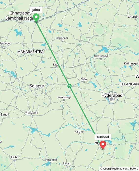 Route map showing distance and travel time from Jalna, India to Kurnool, India