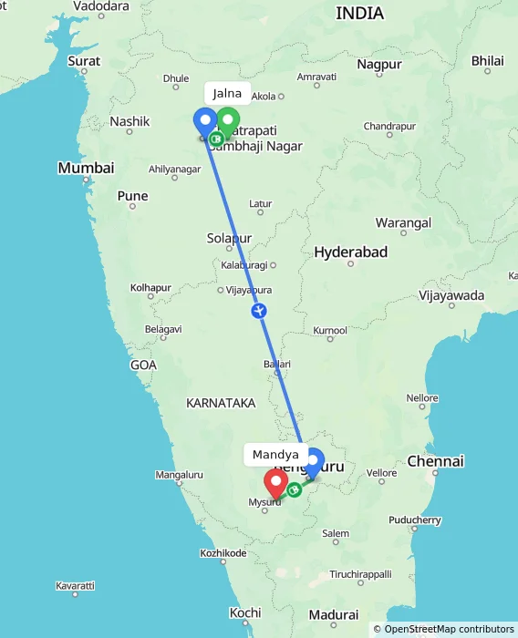 Route map showing distance and travel time from Jalna, India to Mandya, India
