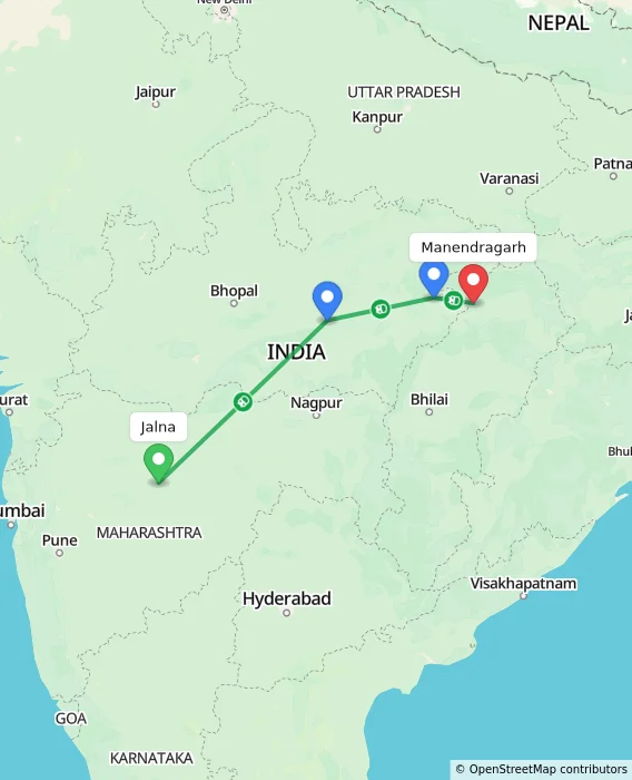 Route map showing distance and travel time from Jalna, India to Manendragarh, India