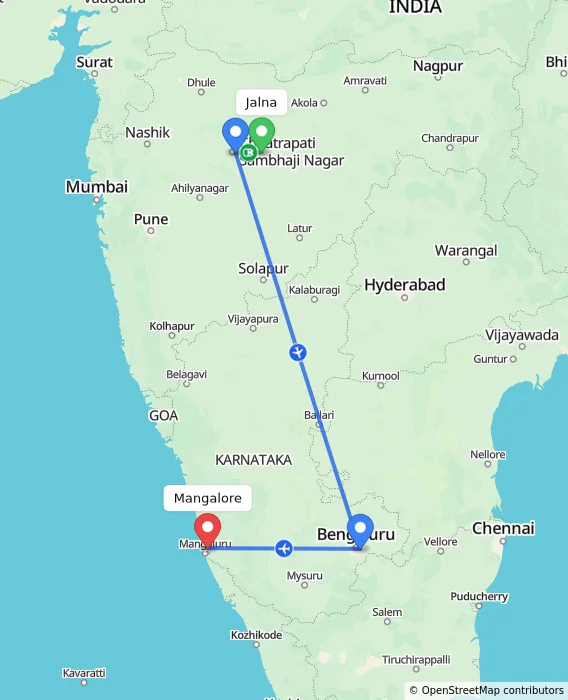 Route map showing distance and travel time from Jalna, India to Mangalore, India