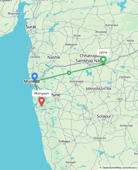 Route map showing distance and travel time from Jalna, India to Mangaon, India