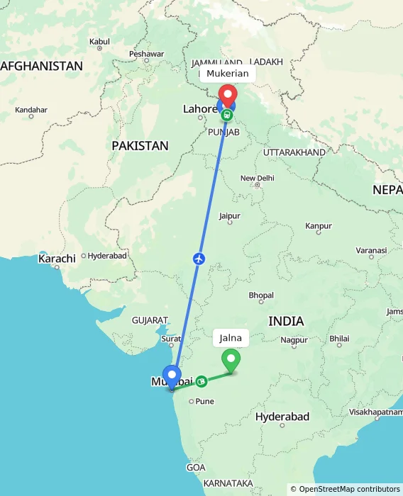 Route map showing distance and travel time from Jalna, India to Mukerian, India