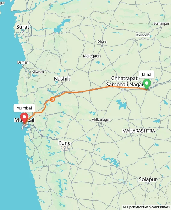 Route map showing distance and travel time from Jalna, India to Mumbai, India