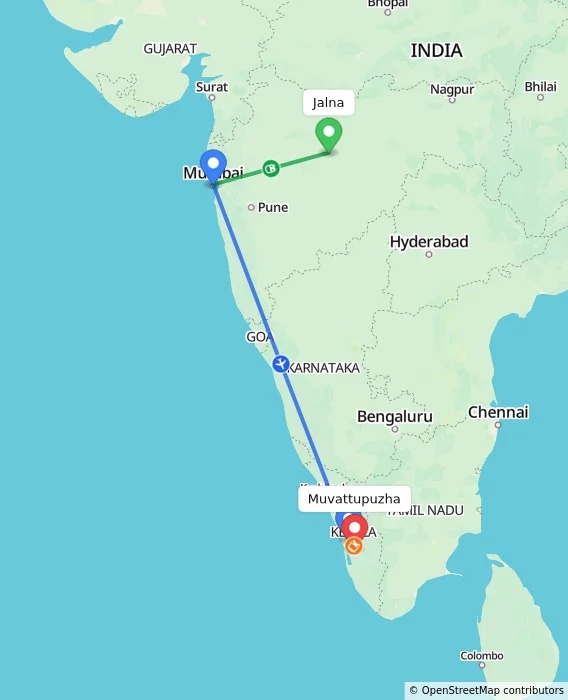 Route map showing distance and travel time from Jalna, India to Muvattupuzha, India