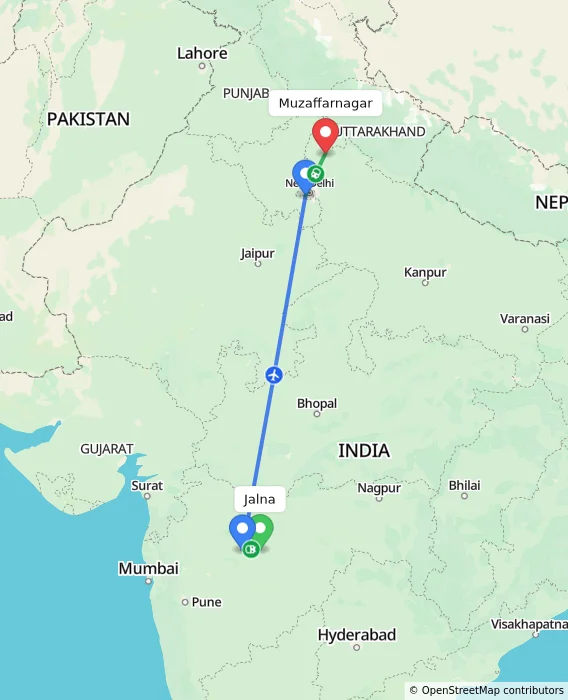 Route map showing distance and travel time from Jalna, India to Muzaffarnagar, India