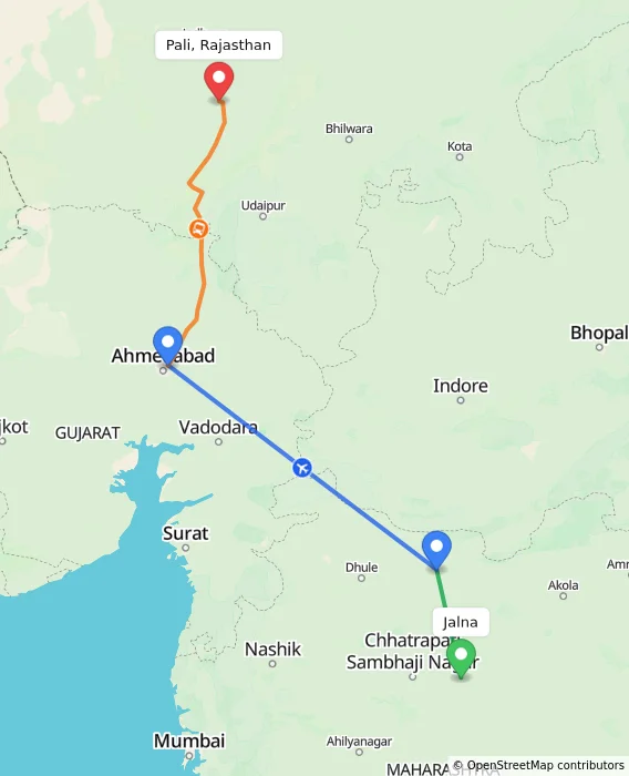 Route map showing distance and travel time from Jalna, India to Pali, Rajasthan, India