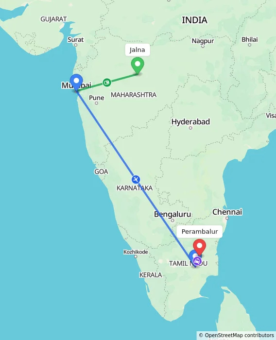 Route map showing distance and travel time from Jalna, India to Perambalur, India