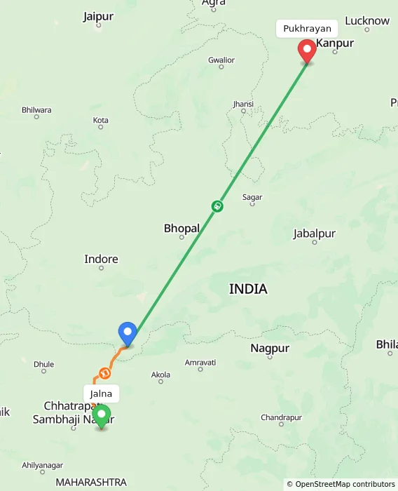 Route map showing distance and travel time from Jalna, India to Pukhrayan, India
