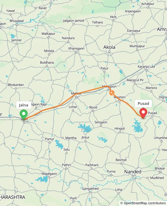 Route map showing distance and travel time from Jalna, India to Pusad, India