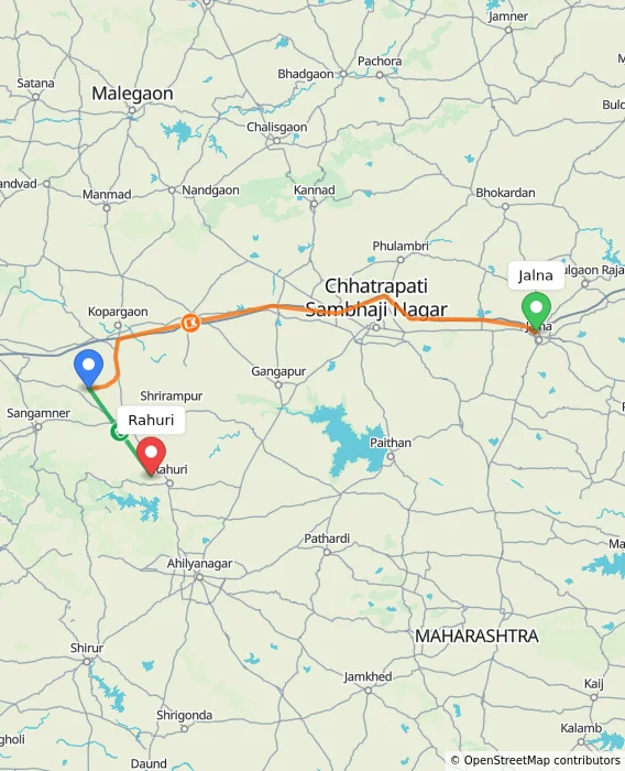 Route map showing distance and travel time from Jalna, India to Rahuri, India
