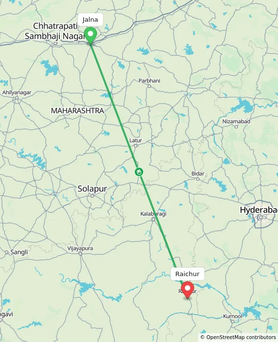 Route map showing distance and travel time from Jalna, India to Raichur, India