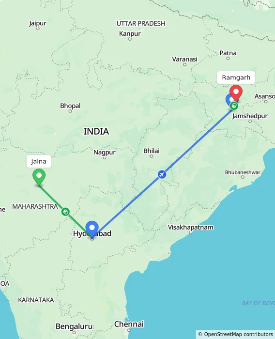 Route map showing distance and travel time from Jalna, India to Ramgarh, India
