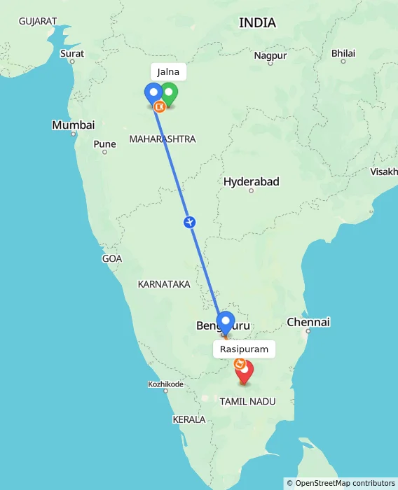 Route map showing distance and travel time from Jalna, India to Rasipuram, India