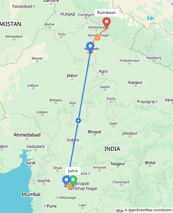 Route map showing distance and travel time from Jalna, India to Rishikesh, India