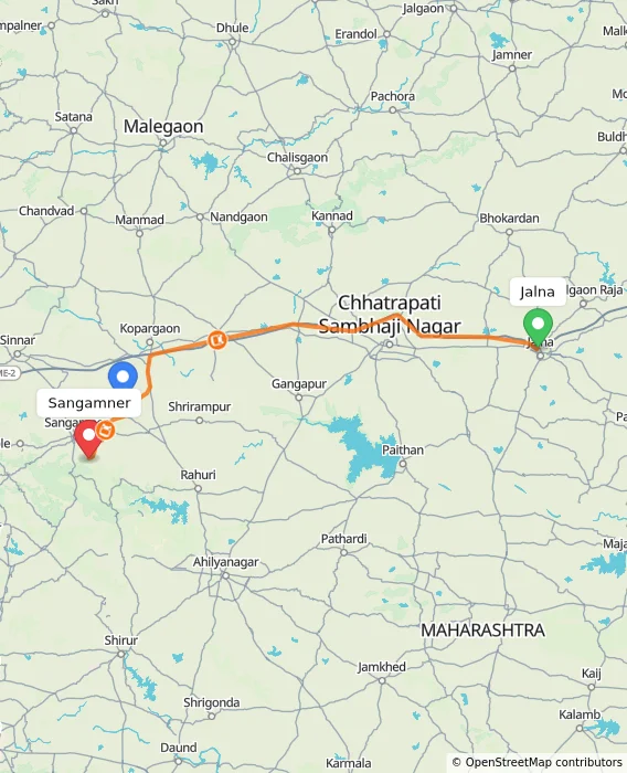 Route map showing distance and travel time from Jalna, India to Sangamner, India